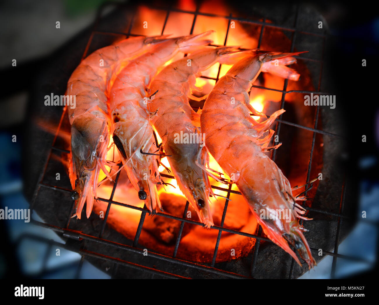 Grill Shrimp in  hot fire the best of hot  seafood Stock Photo