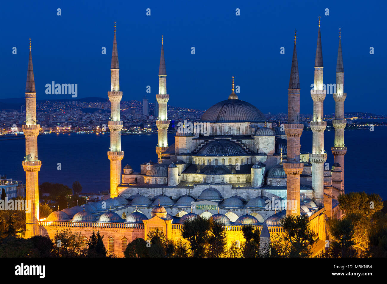 Night view over the Blue Mosque, Istanbul, Turkey. Stock Photo