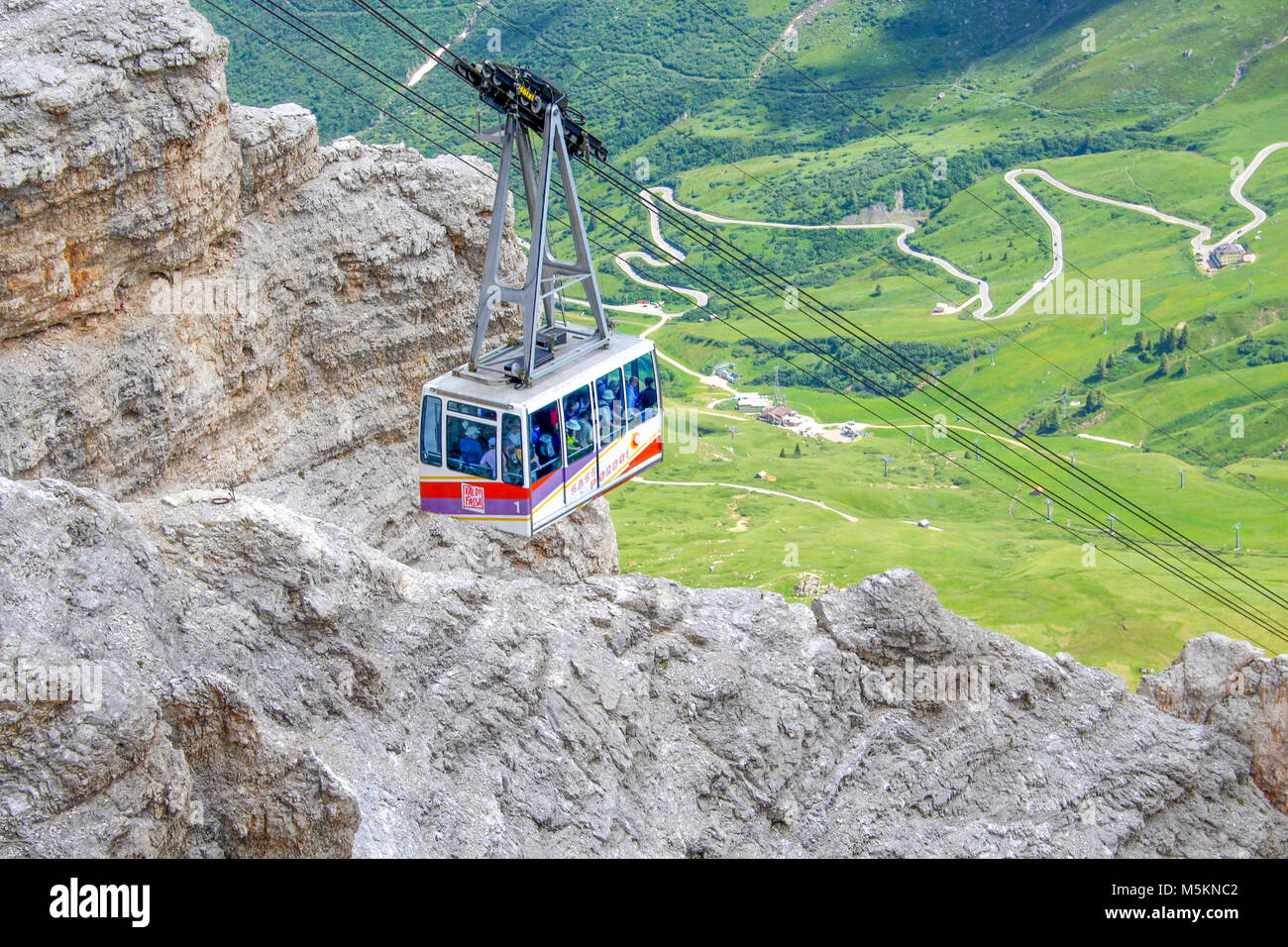 SASS PORDOI, ITALY JULY 18, 2014 - Cable car of Sass Pordoi mountain massif, Dolomites, Italy, Europe Stock Photo