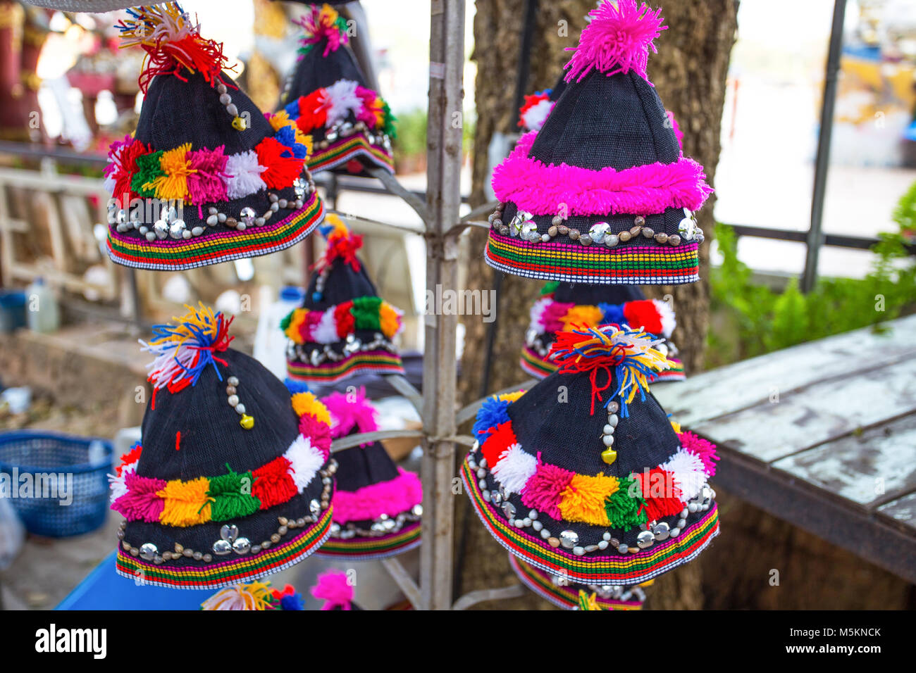 Colorful patterns of Akha tribe hats, Chiang Mai, Thailand Stock Photo ...