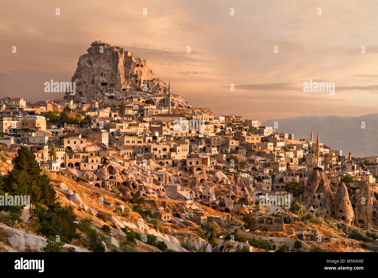 Town of Uchisar at the sunrise, Cappadocia Stock Photo