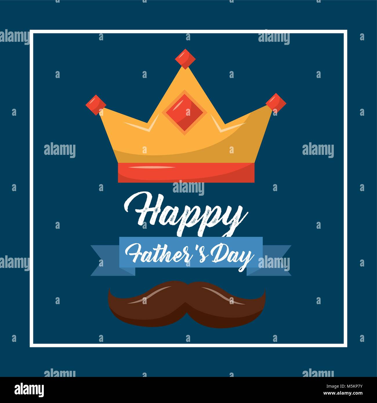happy fathers day crown mustache ribbon blue background Stock Vector ...