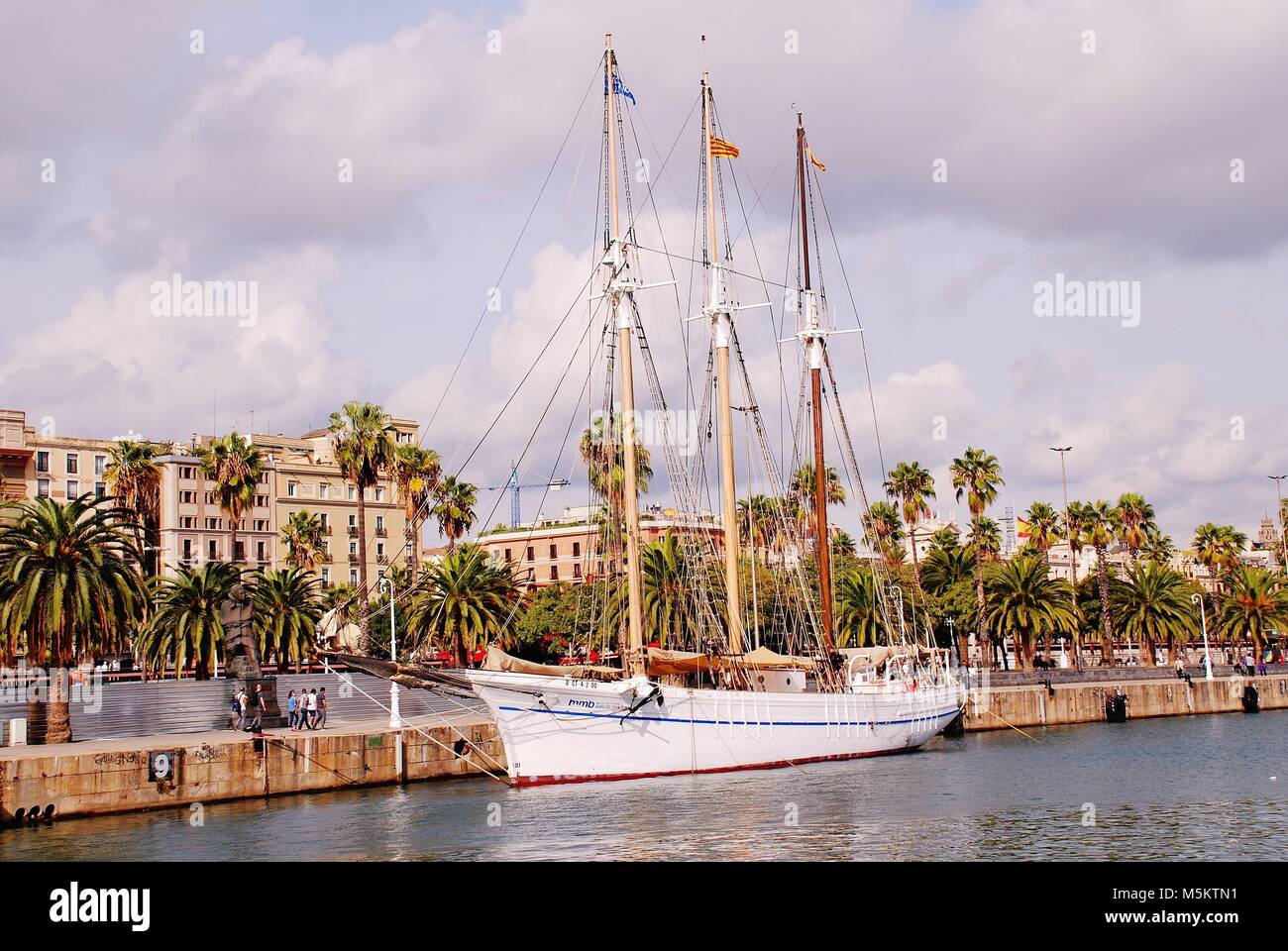 Vintage sailing boat Santa Eulalia moored in the marina at Port Vell in Barcelona, Spain on November 2, 2017. Stock Photo