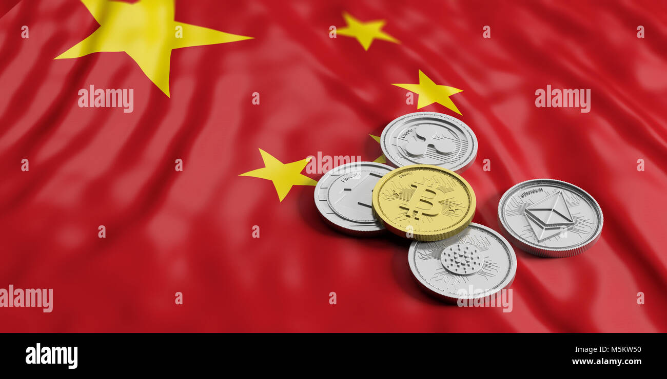 Cryptocurrency in China concept. Golden bitcoin and variety of silver  virtual coins on China flag background. 3d illustration Stock Photo - Alamy