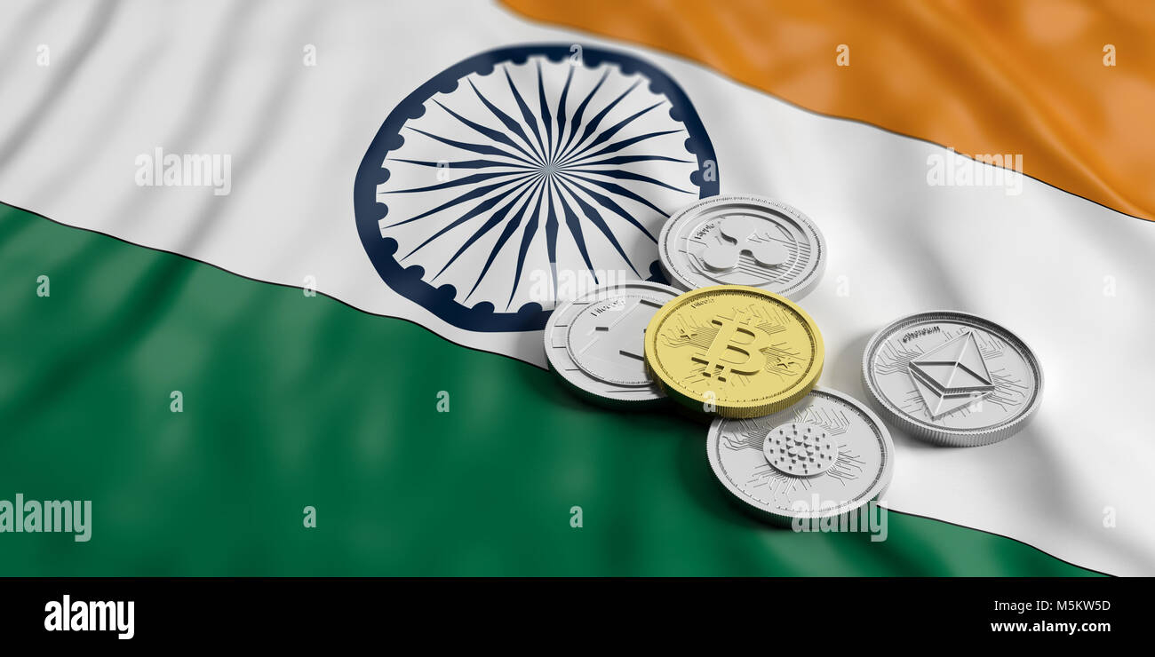 Cryptocurrency in India concept. Golden bitcoin and variety of silver virtual coins on India flag background. 3d illustration Stock Photo