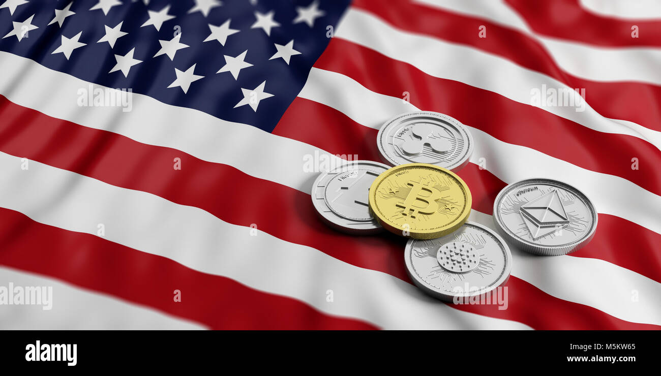 Cryptocurrency in USA concept. Golden bitcoin and variety of silver virtual  coins on US America flag background. 3d illustration Stock Photo - Alamy