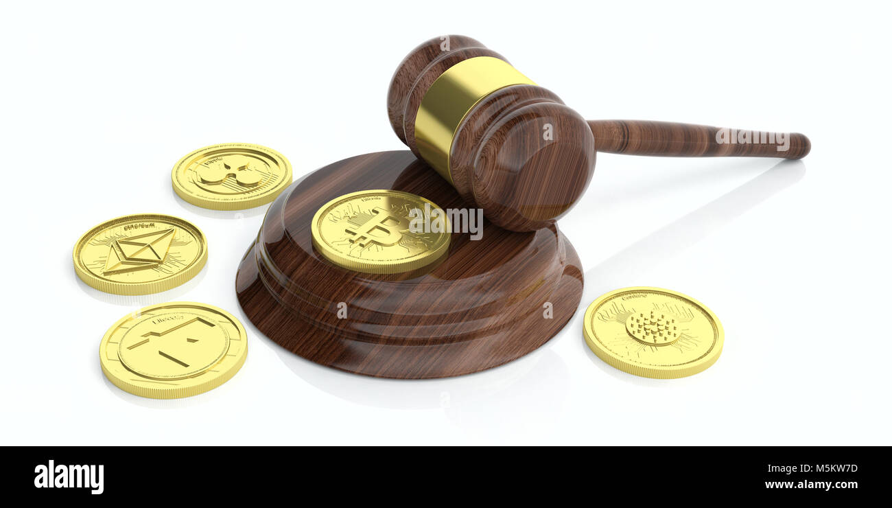 Cryptocurrency law concept. Gavel and variety of virtual coins isolated on  white background. 3d illustration Stock Photo - Alamy