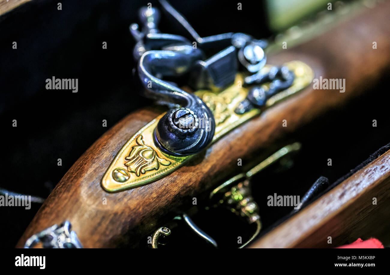 Antique pirate gun on a box Stock Photo Alamy