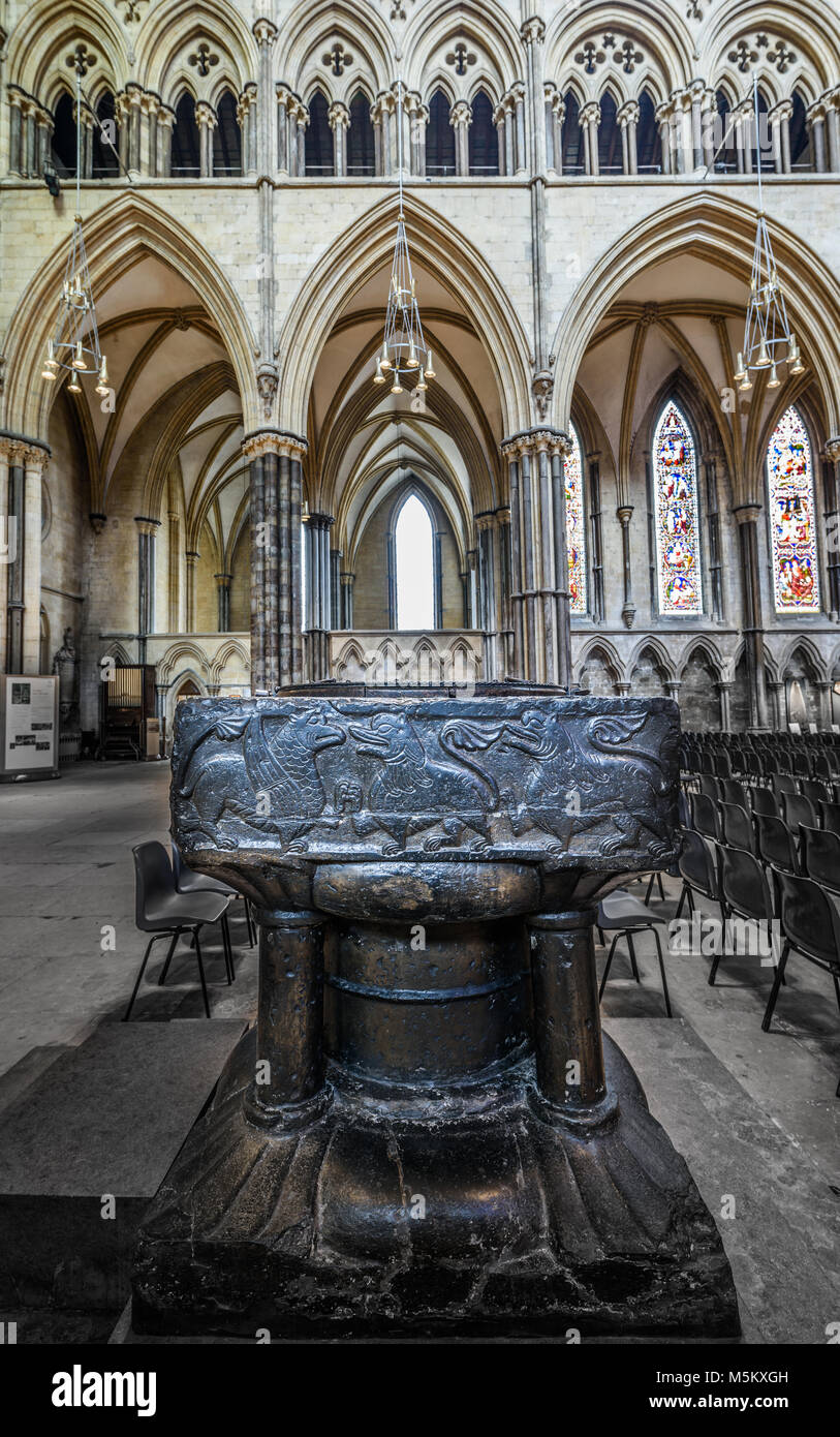The baptism font at the medieval christian cathedral built by the
