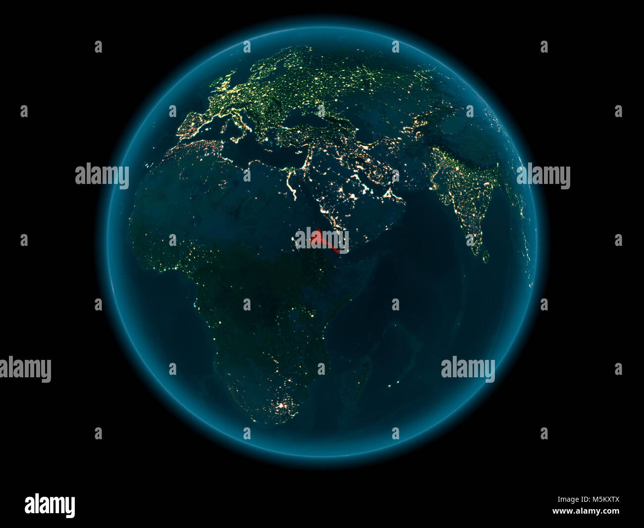 Night above Eritrea highlighted in red on model of planet Earth in ...