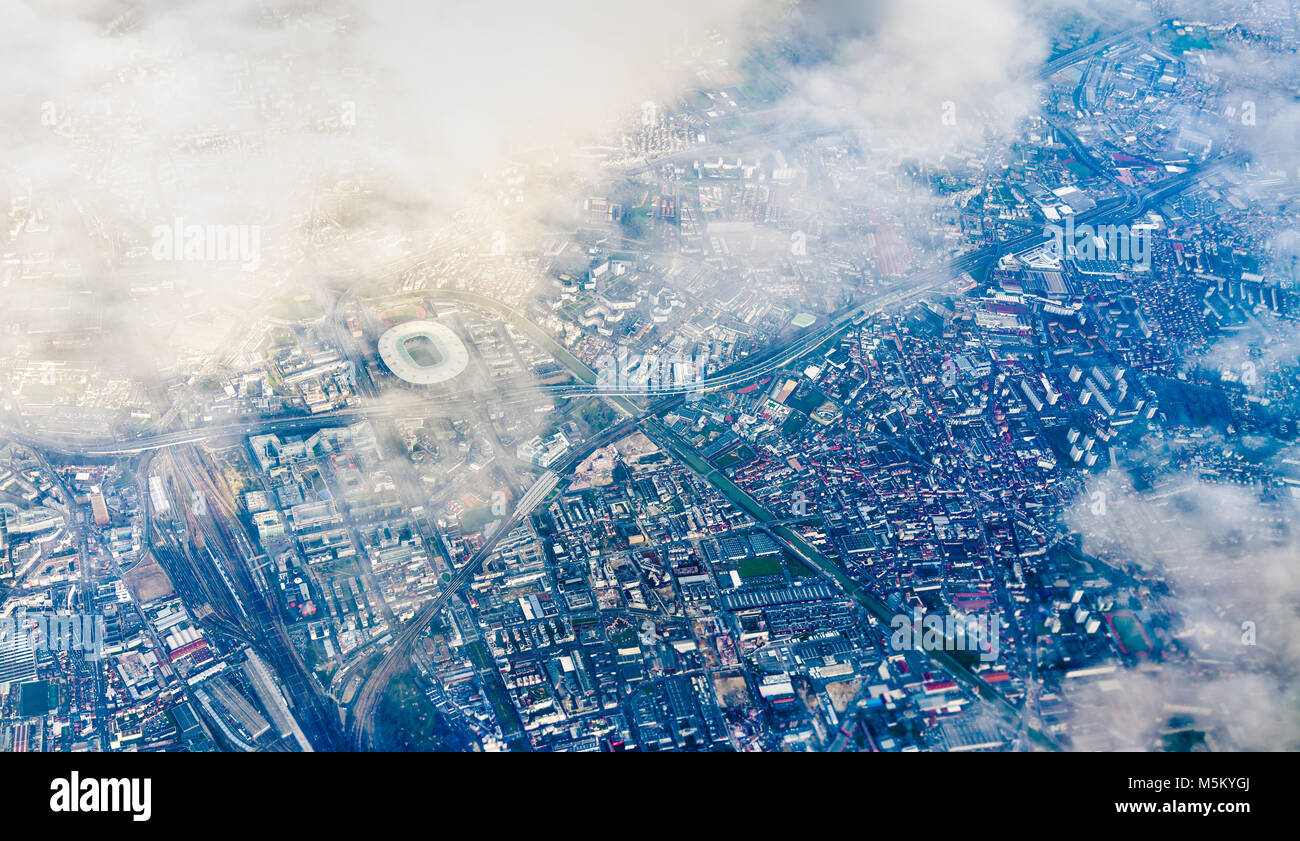 Aerial view of Saint-Denis with the Stade de France. Nothern suburb of Paris Stock Photo