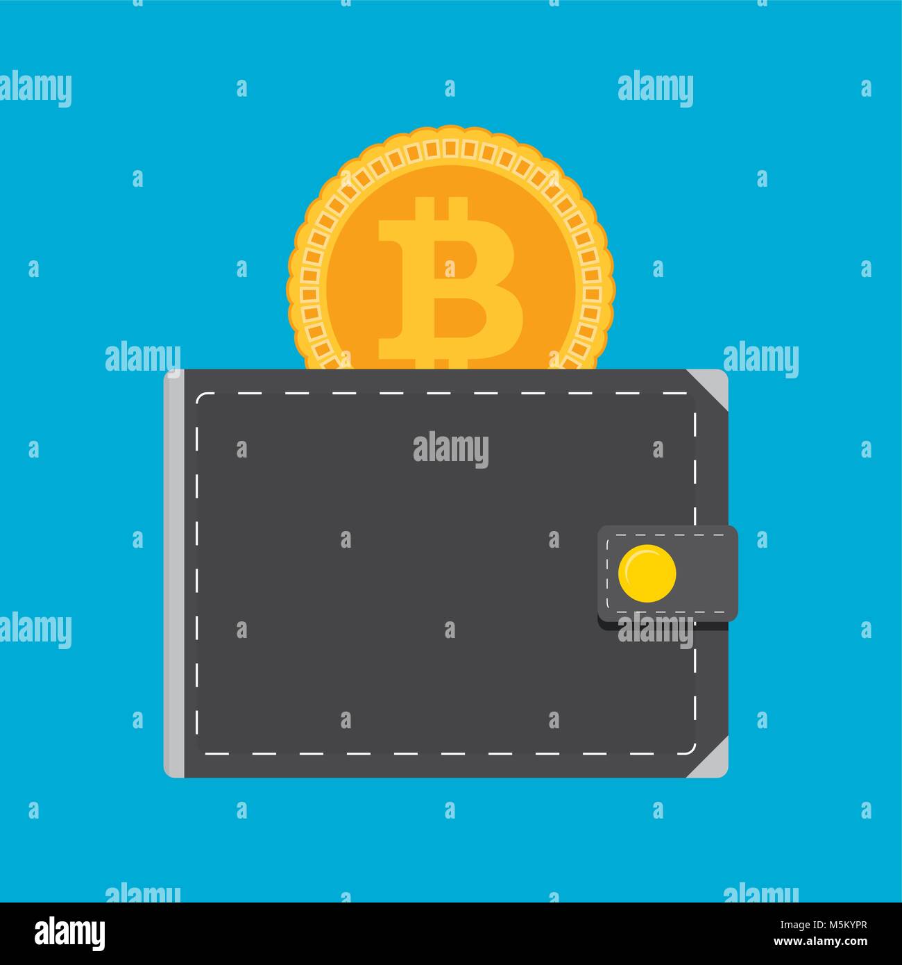 Bitcoin wallet isolated flat. Vector wallet with money bitcoin, golden coin finance technology illustration Stock Vector