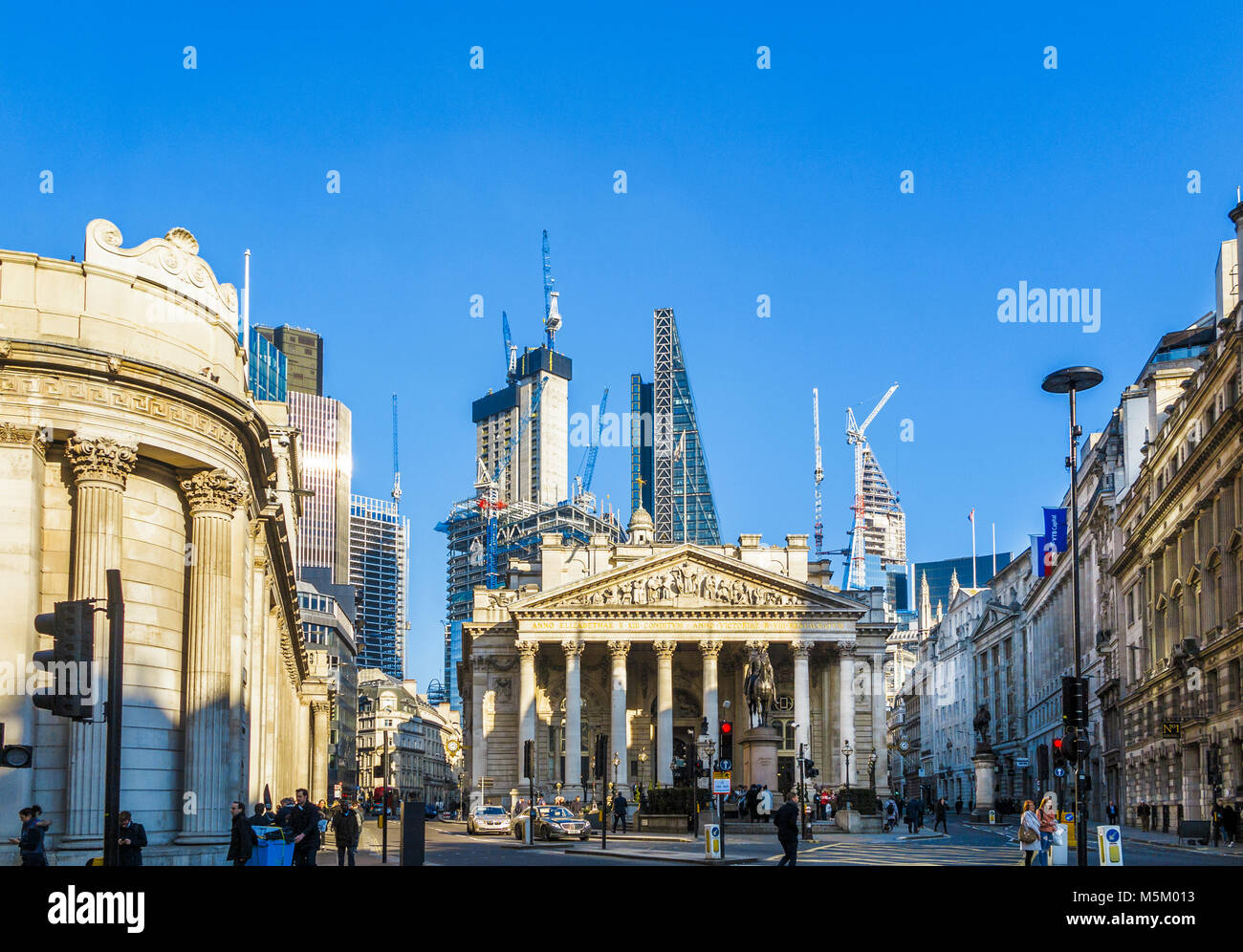 London EC3: 22 Bishopsgate, the Cheesegrater and the Scalpel rise behind the Royal Exchange, seen from Cornhill/Threadneedle Street junction Stock Photo