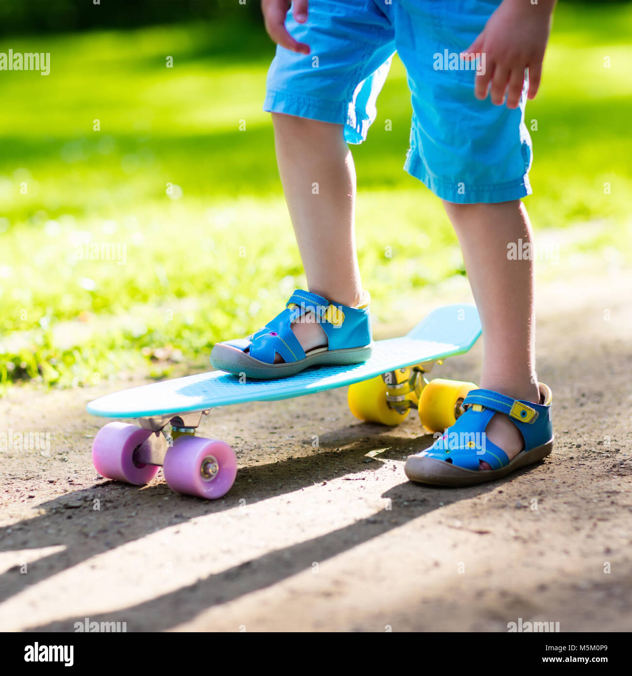 Child riding skateboard in summer park. Little boy learning to ride