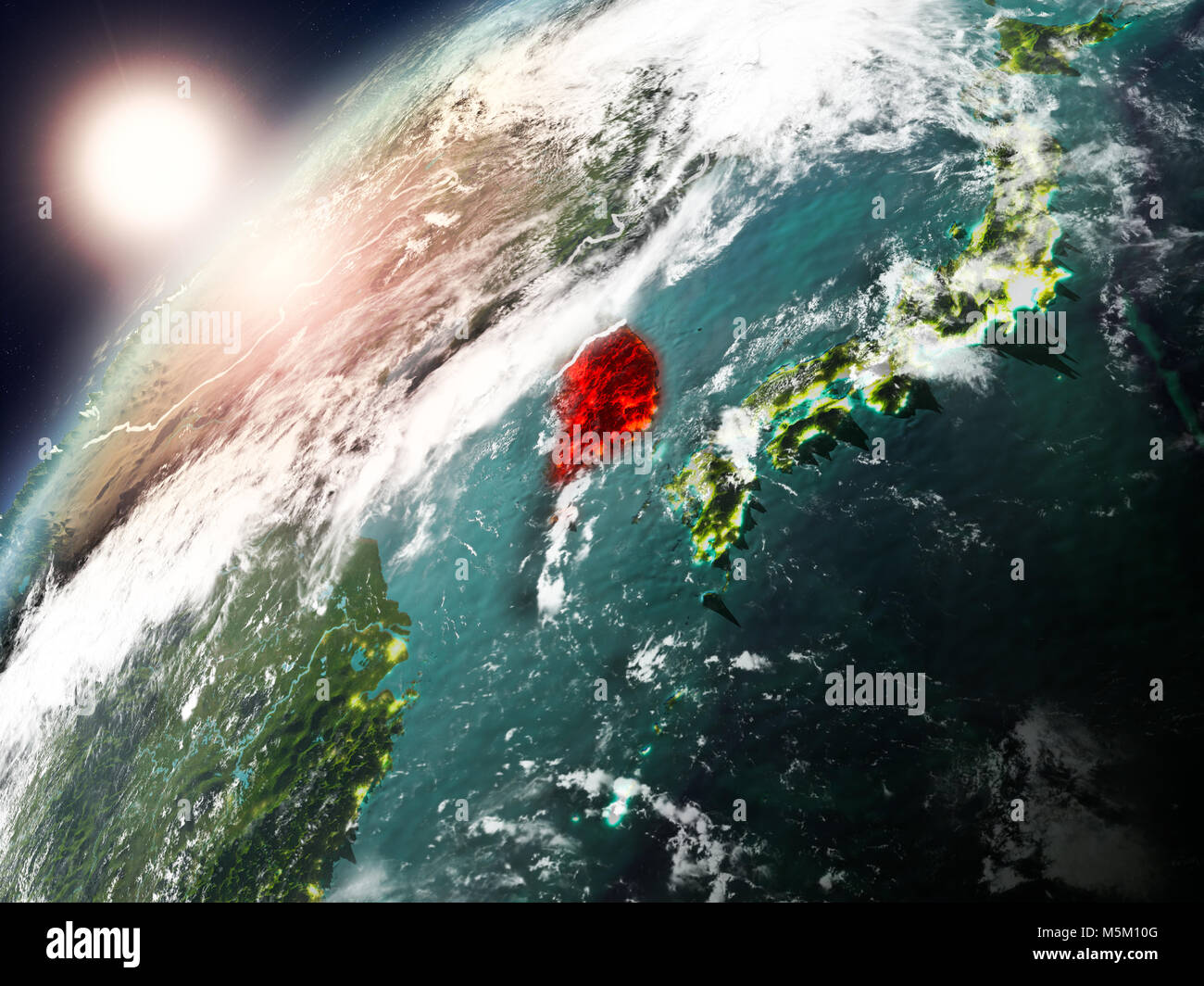 South Korea during sunset highlighted in red on planet Earth with ...