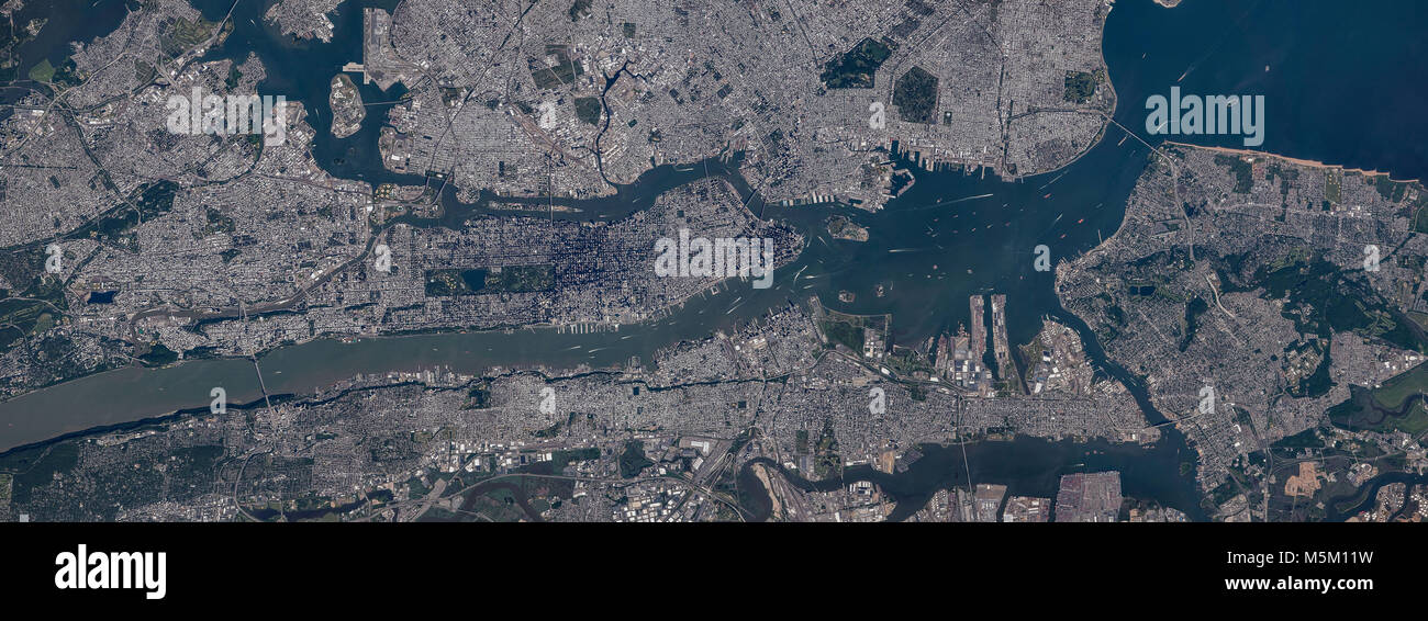 Aerial of a busy New York harbor Stock Photo