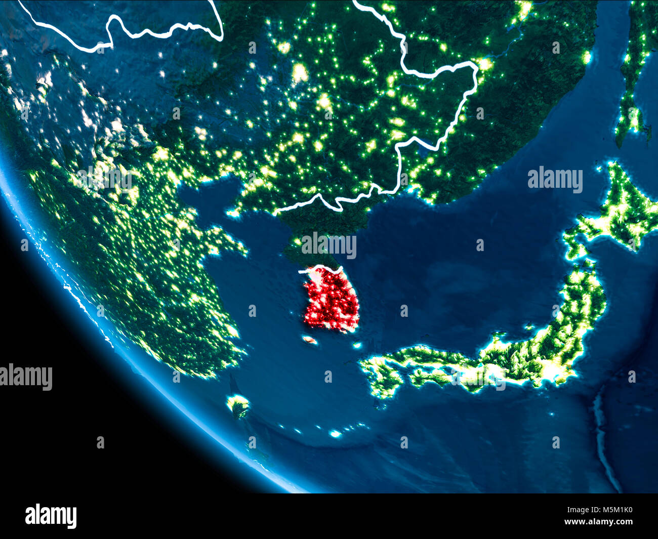 Map of South Korea in red as seen from space on planet Earth at night ...