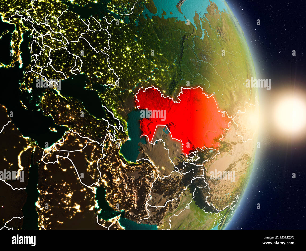 Kazakhstan during sunrise highlighted in red on planet Earth with ...