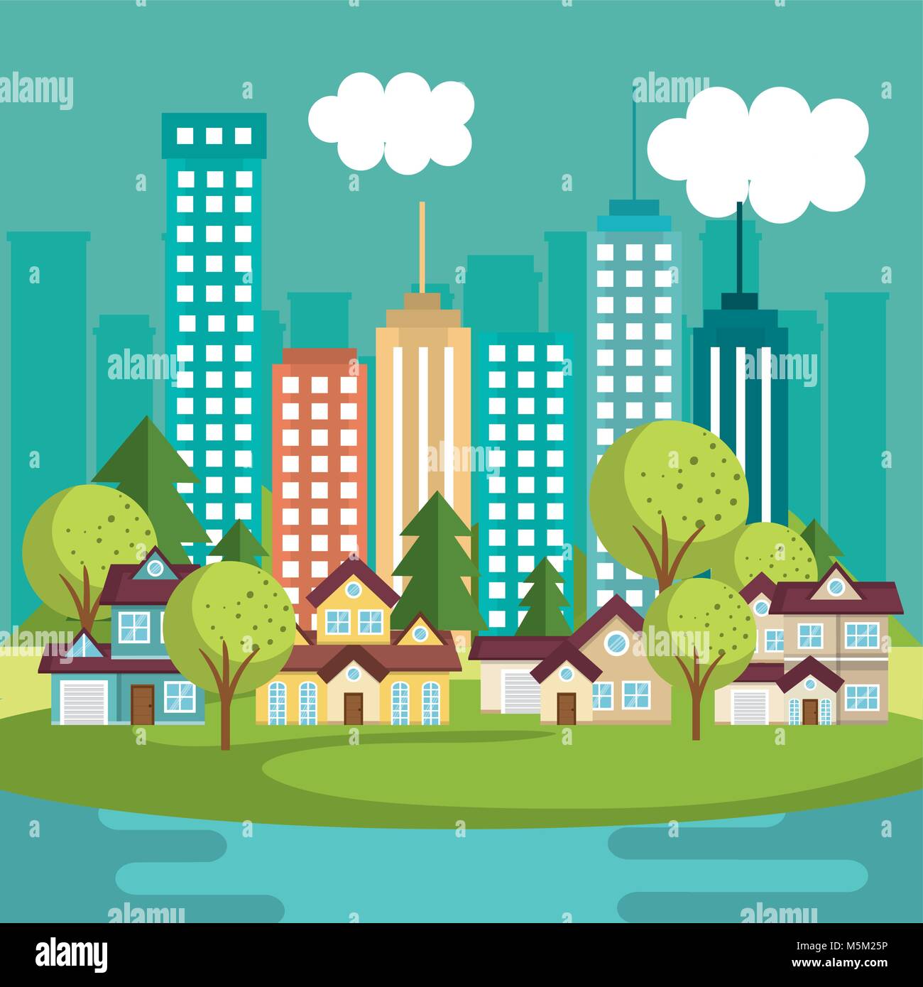 landscape with neighborhood and lake scene Stock Vector Image & Art - Alamy