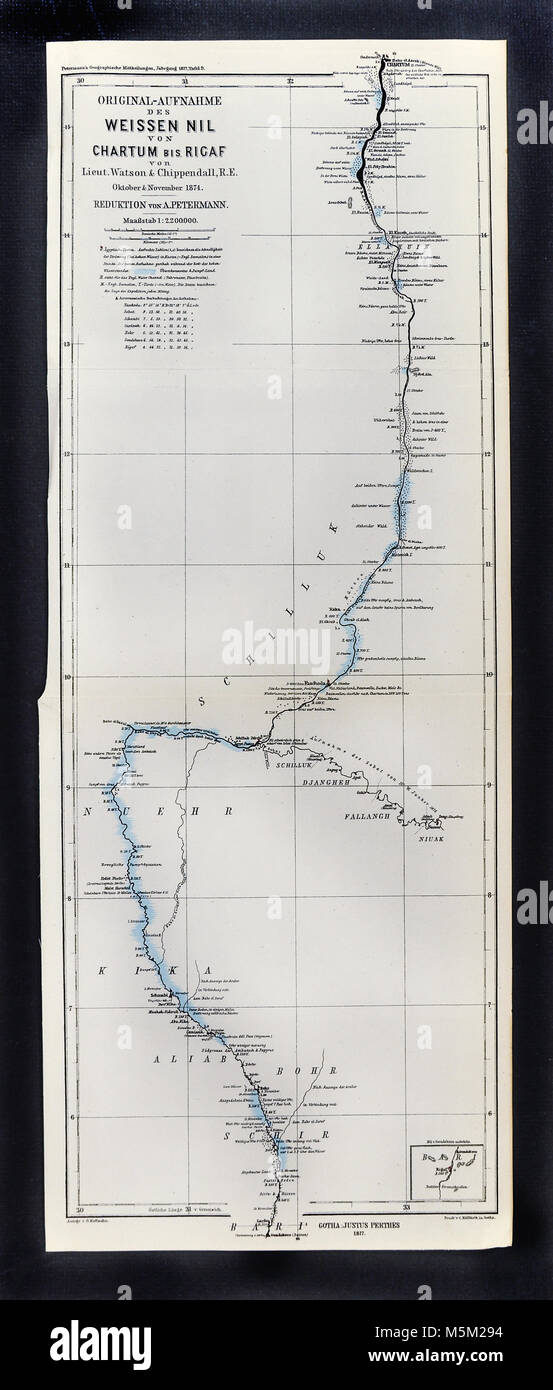 1877 Petermann Mittheilungen Map Course of the Lower Nile Egypt from Chartum to Rigaf showing the Watson and Chippendall Expedition Stock Photo