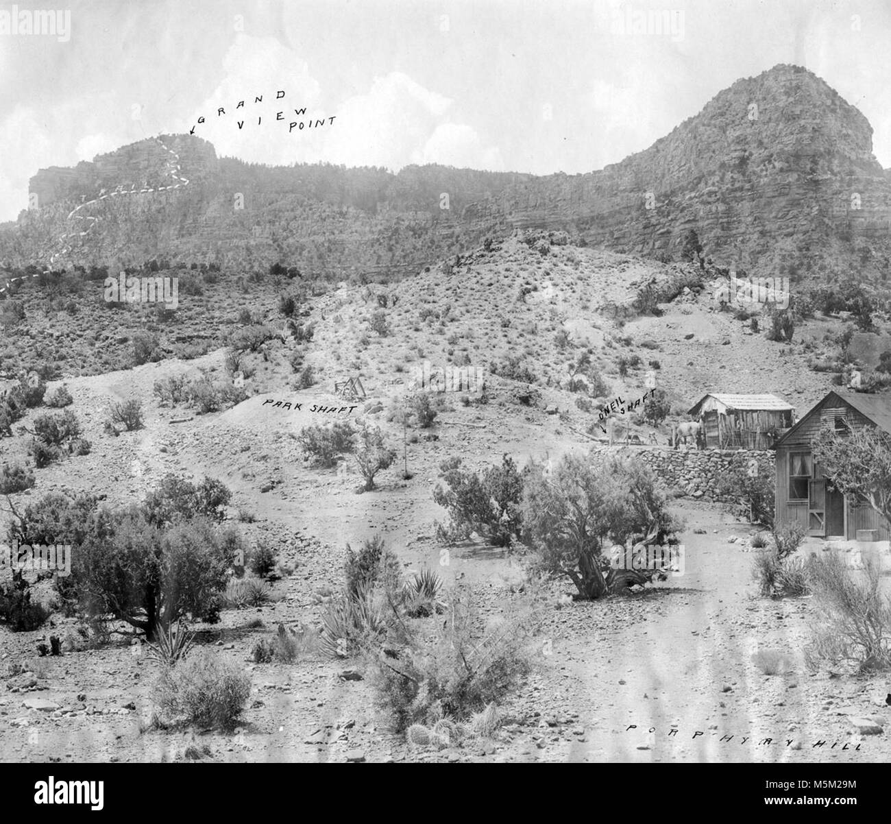 Grand Canyon Historic Grandview Trail . Looking up at grandview point from horseshoe mesa, canyon copper co. Mine property. Circa 1907. Impressions of the dazzling topography of Grand Canyon have changed and shifted since that day in the summer of 1540 when Garcia Lopez de Cardenas gazed out from the South Rim. The conquistador saw a worthless desert wasteland, nothing more than a barrier to political expansion. At the opposite extreme Stock Photo