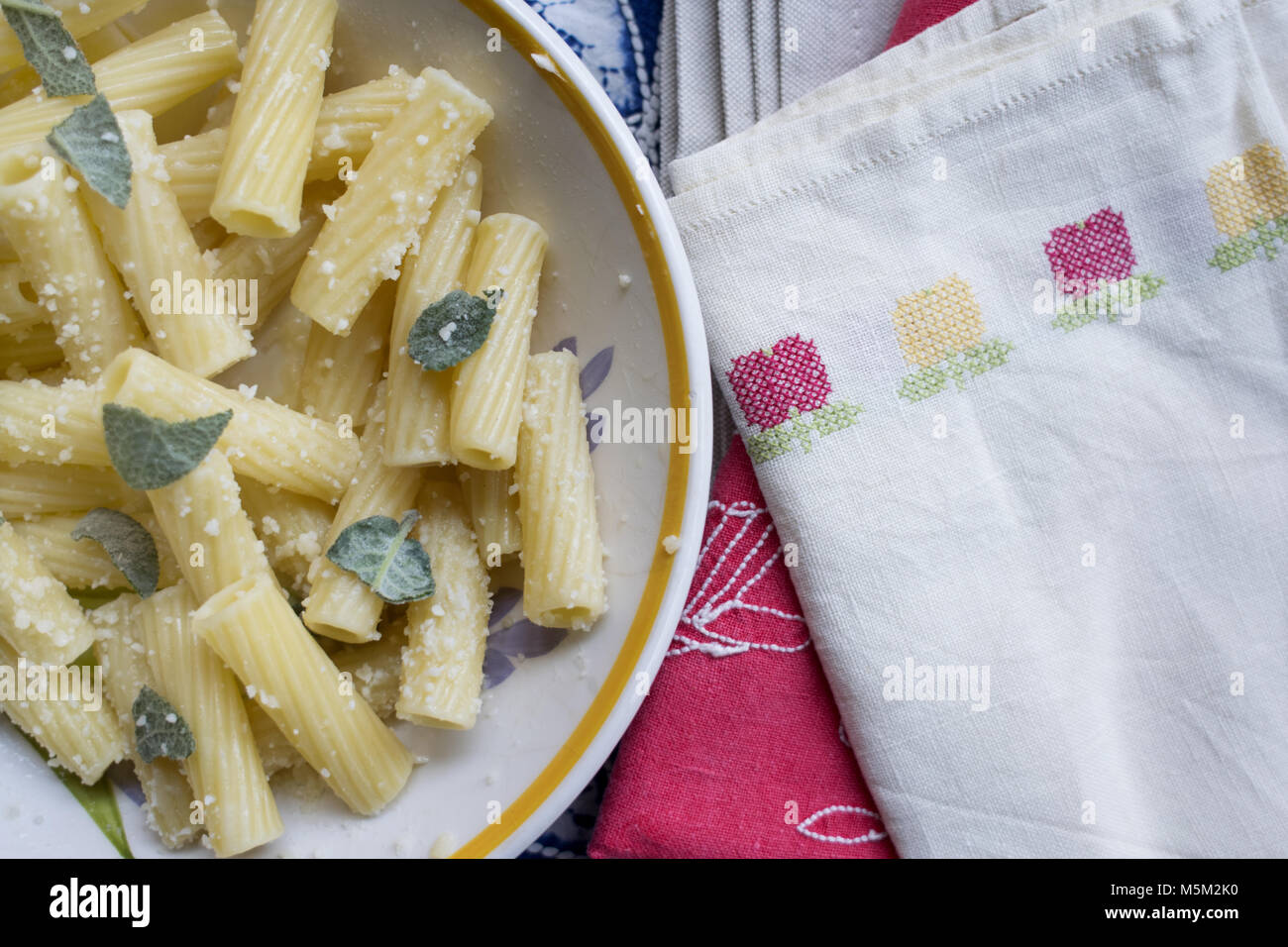 dish of rigatoni pasta with butter sage and parmesan Stock Photo Alamy