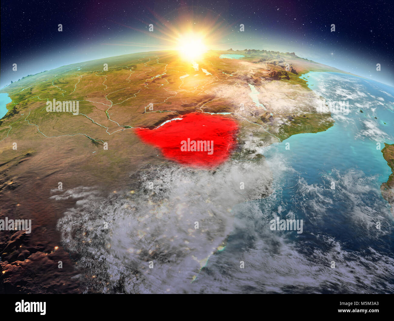Satellite view of Zimbabwe highlighted in red on planet Earth with ...