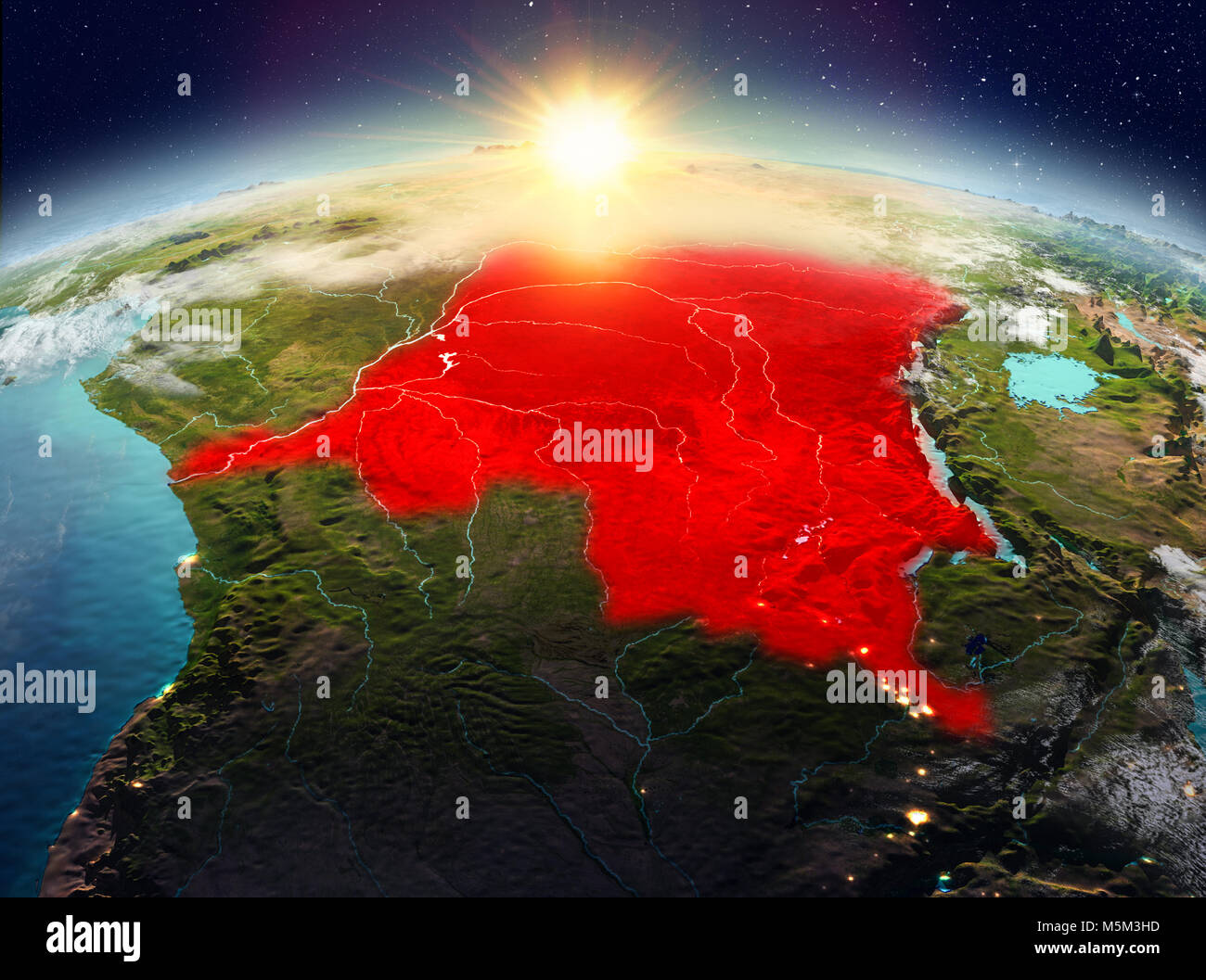 Satellite view of Democratic Republic of Congo highlighted in red on ...