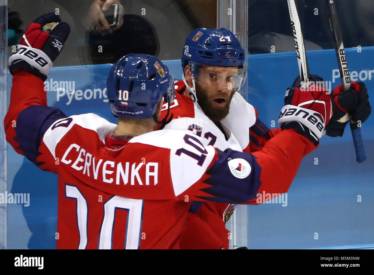 Pyeongchang South Korea 24th Feb 2018 The Czech Republic S Roman Cervenka L And Martin Ruzicka Celebrate A Goal Against Canada In The Men S Bronze Medal Ice Hockey Game At Gangneung Hockey Centre