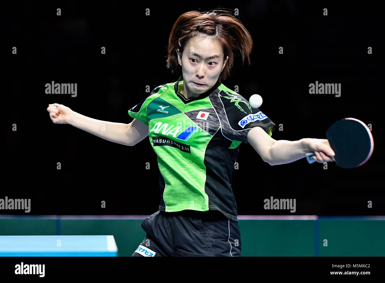 London, UK, 24 Feb 2018. Kasumi Ishikawa of Japan  during International Table Tennis Federation Team World Cup - Women Semi-Final match between Kasumi Ishikawa of Japan against Kim Song I of DPR Korea at Copper Box Arena . Credit: Taka G Wu Stock Photo