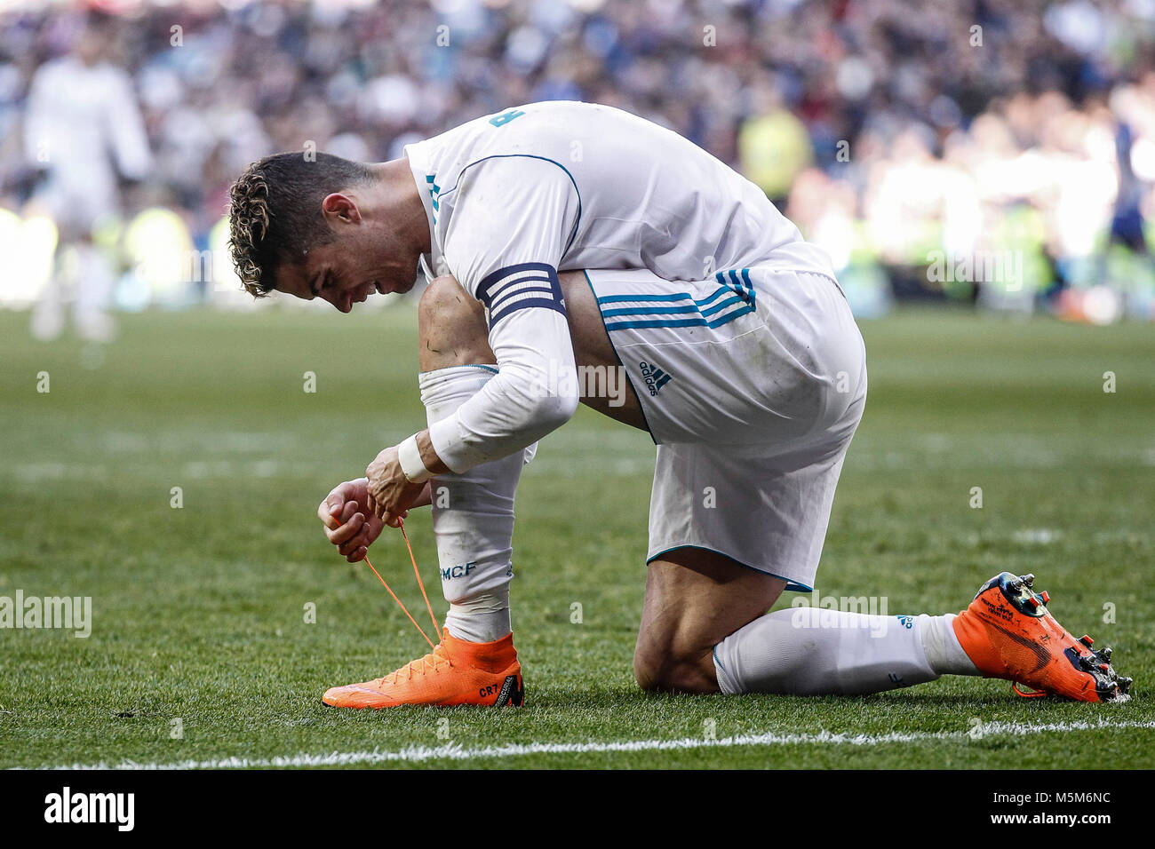 Cristiano Ronaldo (Real Madrid) tying his boots during the match La Liga  match between Real Madrid vs Deportivo Alaves at the Santiago Bernabeu  stadium in Madrid, Spain, February 24, 2018. Credit: Gtres