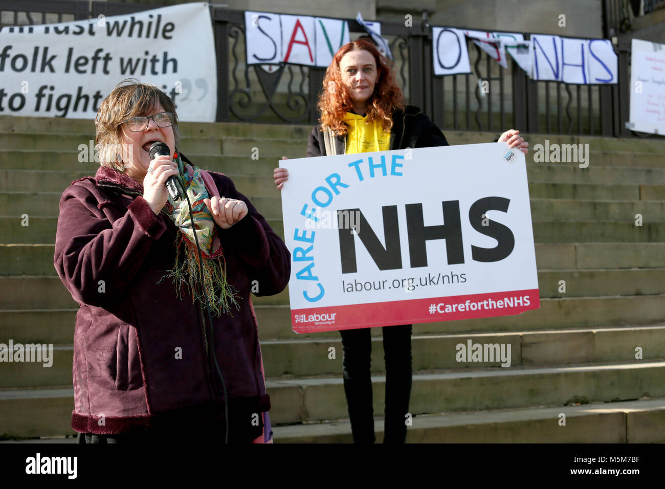 Karen Reisman speaking at a rally to defend the NHS in Bolton, 24th February, 2018 (C)Barbara Cook/Alamy Live News Stock Photo