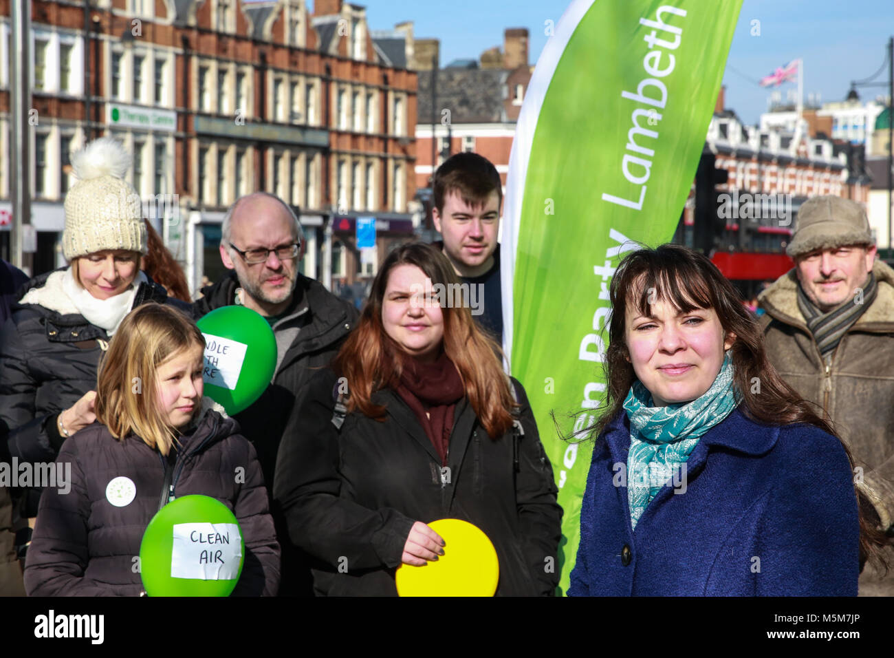 London, UK. 24th February, 2018. Green Party Deputy Leader Amelia Womack (r) attends the launch in Brixton of the Green Party's Breathing Cities campaign. The ambition of the campaign is to create living cities that are clean, healthy, and safe by reclaiming city streets for people. Credit: Mark Kerrison/Alamy Live News Stock Photo