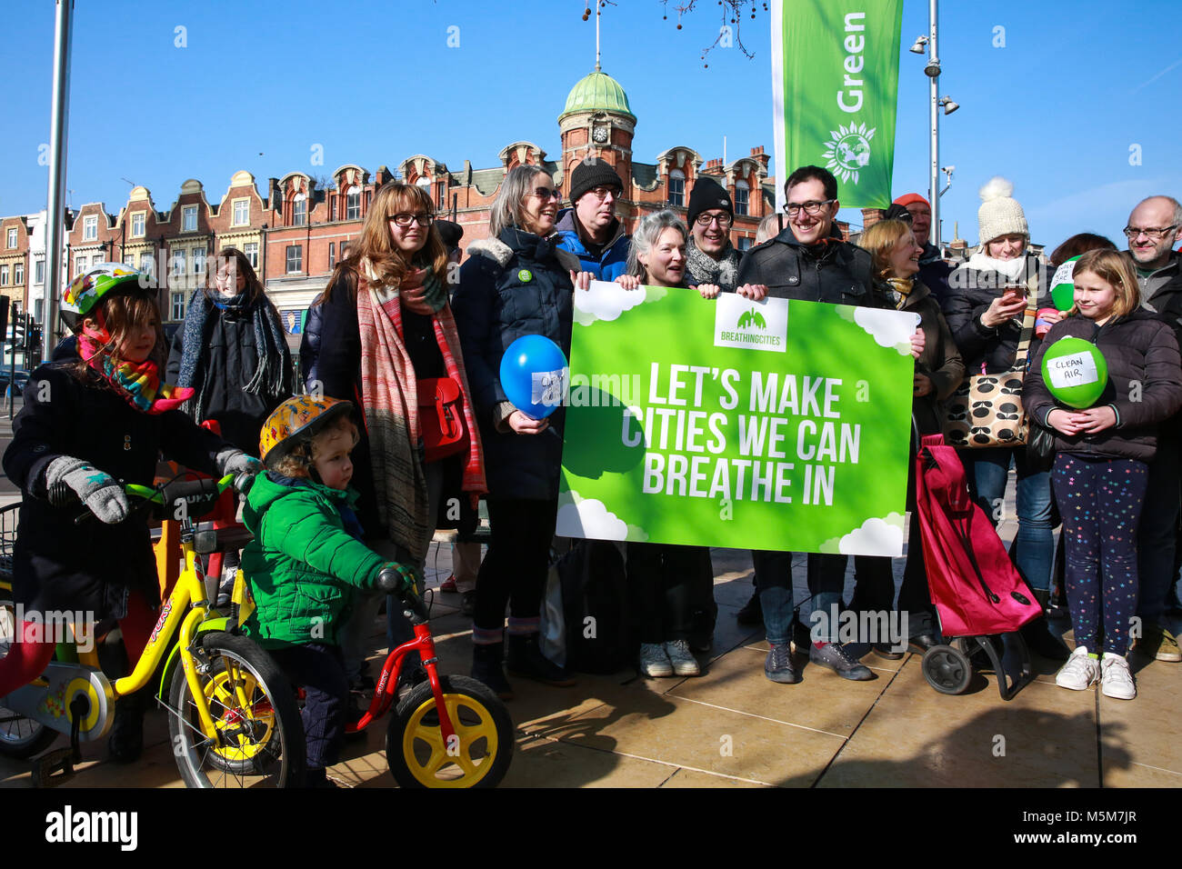 London, UK. 24th February, 2018. The Green Party launches its Breathing Cities campaign in Brixton. The ambition of the campaign is to create living cities that are clean, healthy, and safe by reclaiming city streets for people. Credit: Mark Kerrison/Alamy Live News Stock Photo