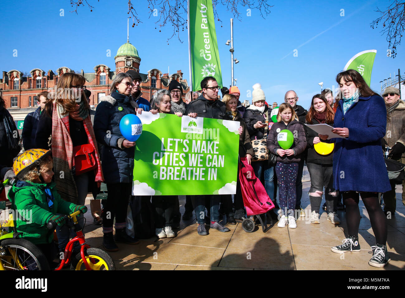 London, UK. 24th February, 2018. Deputy Leader Amelia Womack speaks at the launch in Brixton of the Green Party's Breathing Cities campaign. The ambition of the campaign is to create living cities that are clean, healthy, and safe by reclaiming city streets for people. Credit: Mark Kerrison/Alamy Live News Stock Photo