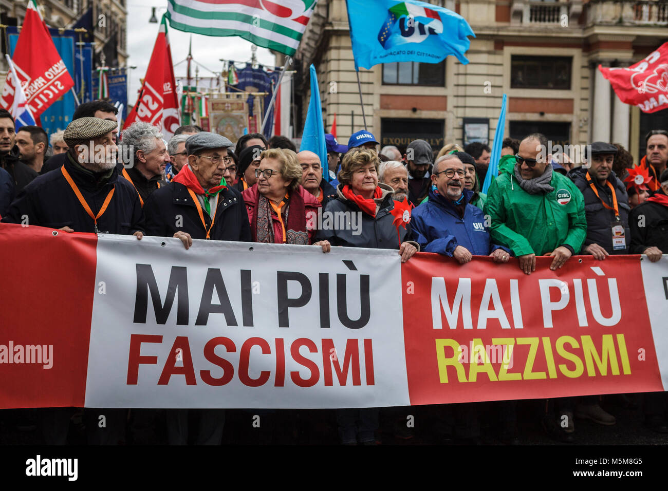 Rome, Italy. 24th February, 2018. Thousands of anti-fascist protesters took to the streets, during a demonstration organised by the National Association of Italian Partisans (ANPI), to rally against racism, after a far-right extremist in Macerata targeted African citizens in a racially motivated attack. Credit: Giuseppe Ciccia/Alamy Live News Stock Photo