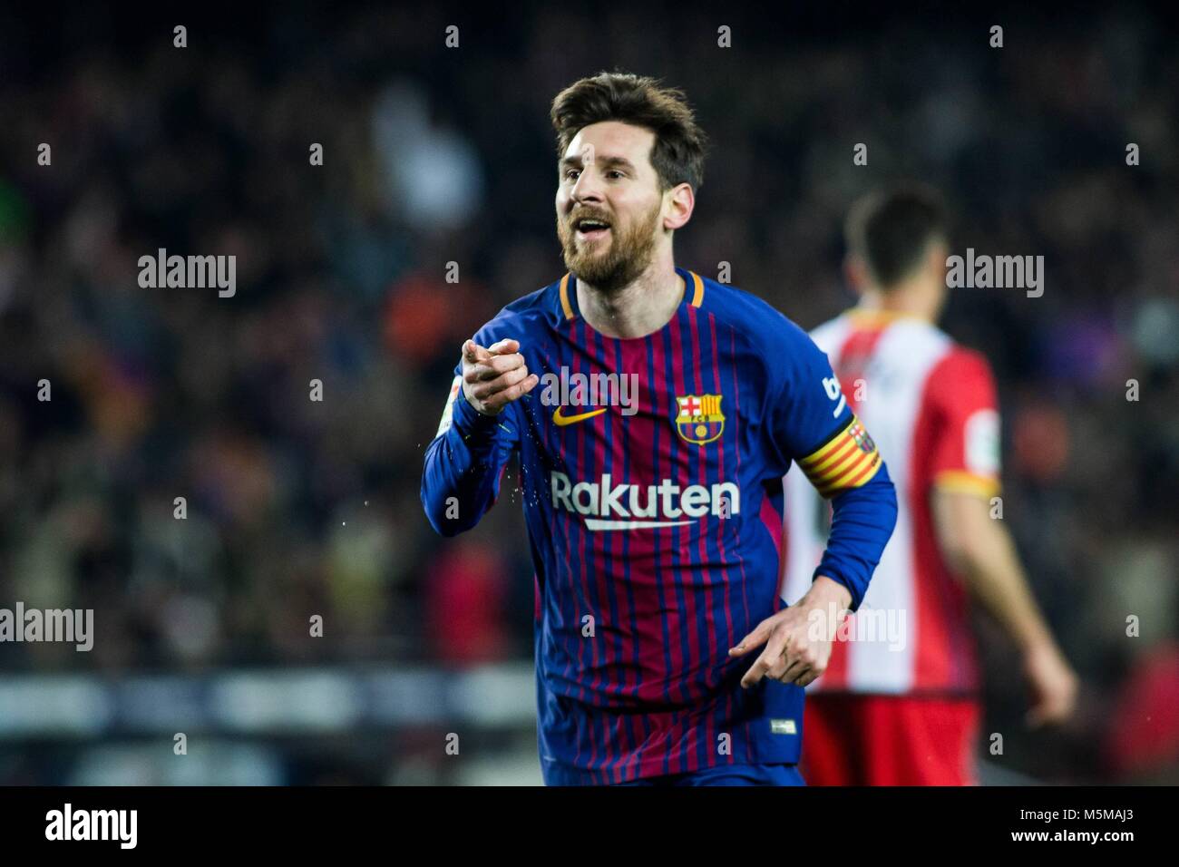 BARCELONA, SPAIN - FEBRUARY 24: Leo Messi from Argentina celebrating his goal during  La Liga match between FC Barcelona v Girona at Camp Nou Stadium in Barcelona on 24 of February, 2018.  Cordon Press Stock Photo