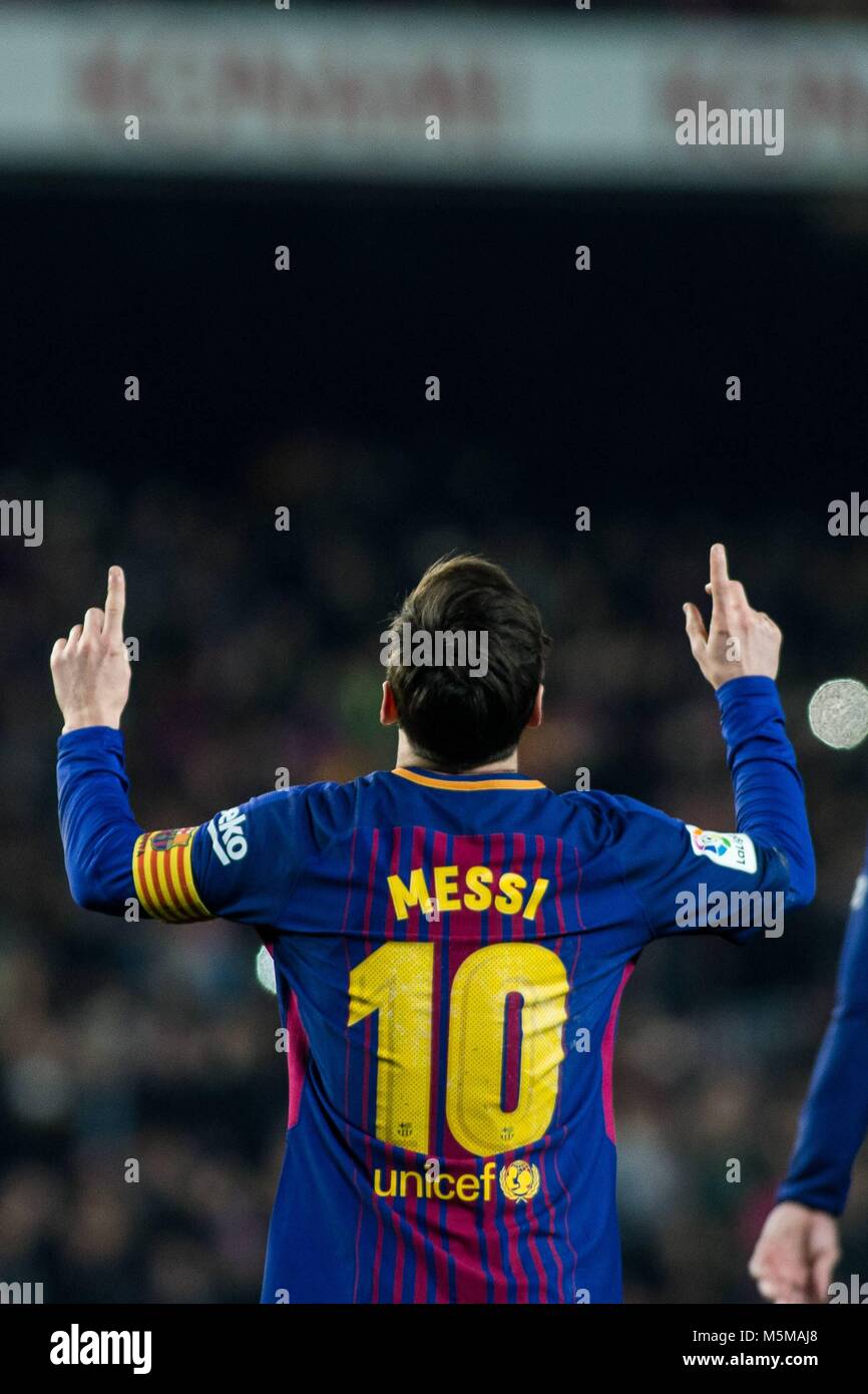 BARCELONA, SPAIN - FEBRUARY 24: Leo Messi from Argentina celebrating his goal  during  La Liga match between FC Barcelona v Girona at Camp Nou Stadium in Barcelona on 24 of February, 2018.  Cordon Press Stock Photo