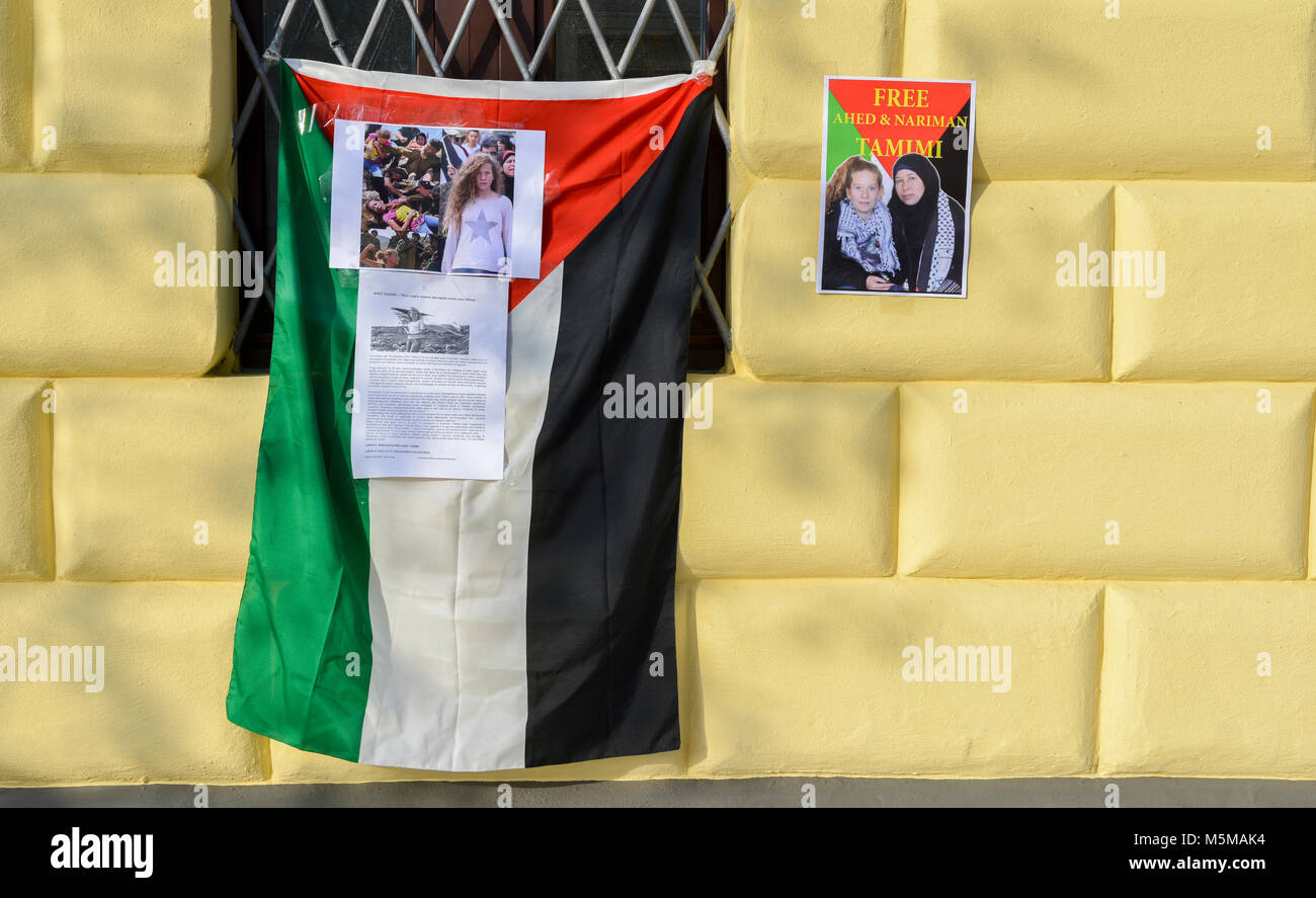 Milan, Italy. 24th February 2018. Protests on the streets of Milan for the release of Ahed Tamimi, a 17-year old Palestinian girl, arrested by Israeli forces for slapping and punching two Israeli soldiers. She is one of over 350 Palestinian children imprisoned by the Israeli occupation and one of nearly 6,200 Palestinian political prisoners in Israeli jails Credit: Alexandre Rotenberg/Alamy Live News Stock Photo