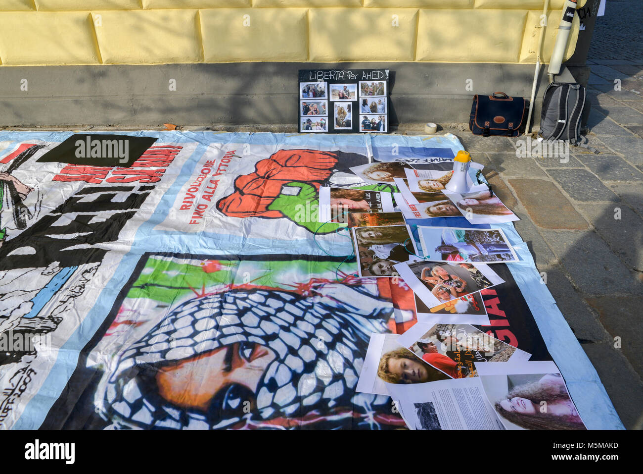 Milan, Italy. 24th February 2018. Protests on the streets of Milan for the release of Ahed Tamimi, a 17-year old Palestinian girl, arrested by Israeli forces for slapping and punching two Israeli soldiers. She is one of over 350 Palestinian children imprisoned by the Israeli occupation and one of nearly 6,200 Palestinian political prisoners in Israeli jails Credit: Alexandre Rotenberg/Alamy Live News Stock Photo