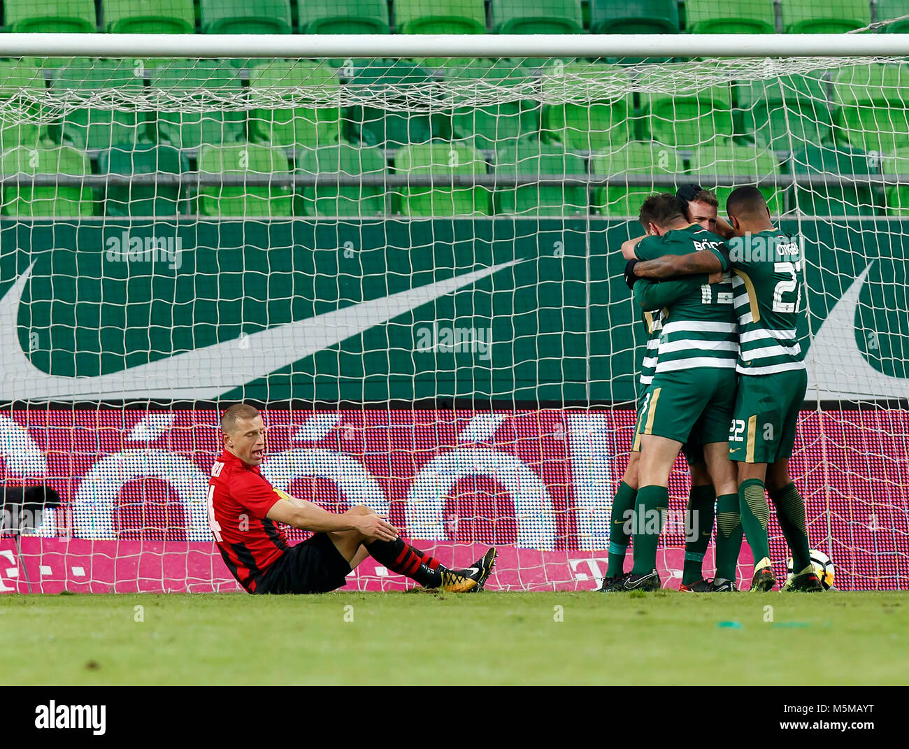 BUDAPEST, HUNGARY - MAY 12: (r-l) Leandro De Almeida 'Leo' of Ferencvarosi  TC celebrates the goal with Roland Varga of Ferencvarosi TC during the  Hungarian OTP Bank Liga match between Ferencvarosi TC