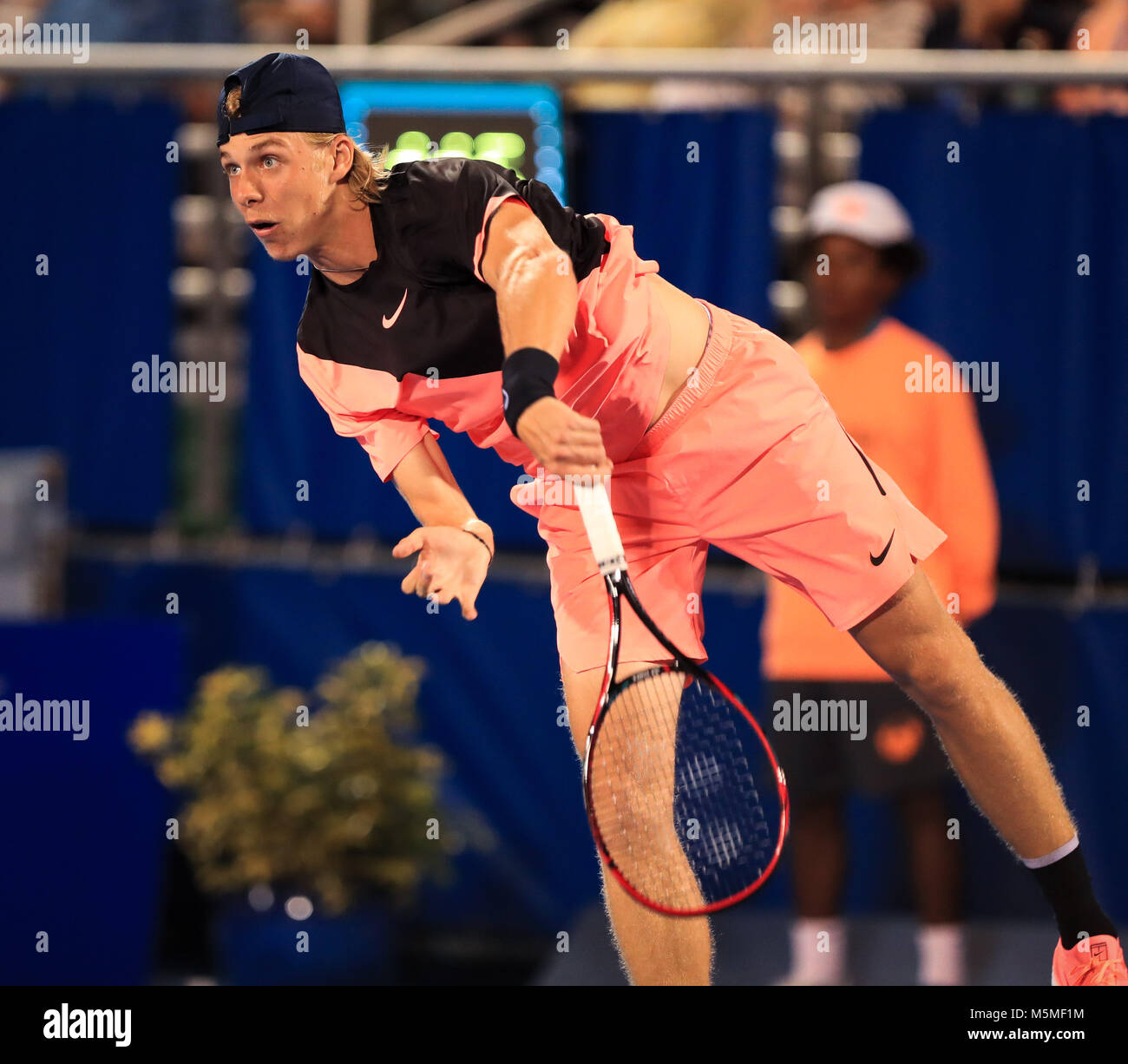 February 22, 2018: Frances Tiafoe, from USA, plays a backhand against Juan  Martin del Potro, from Argentina, during the 2018 Delray Beach Open ATP  professional tennis tournament, played at the Delray Beach