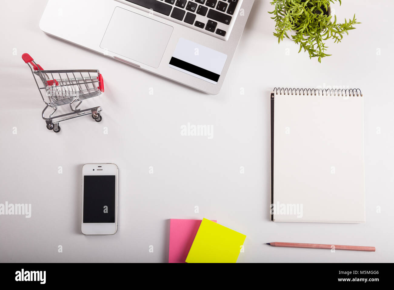 Online shopping. Shopping cart, keyboard, bank card Stock Photo