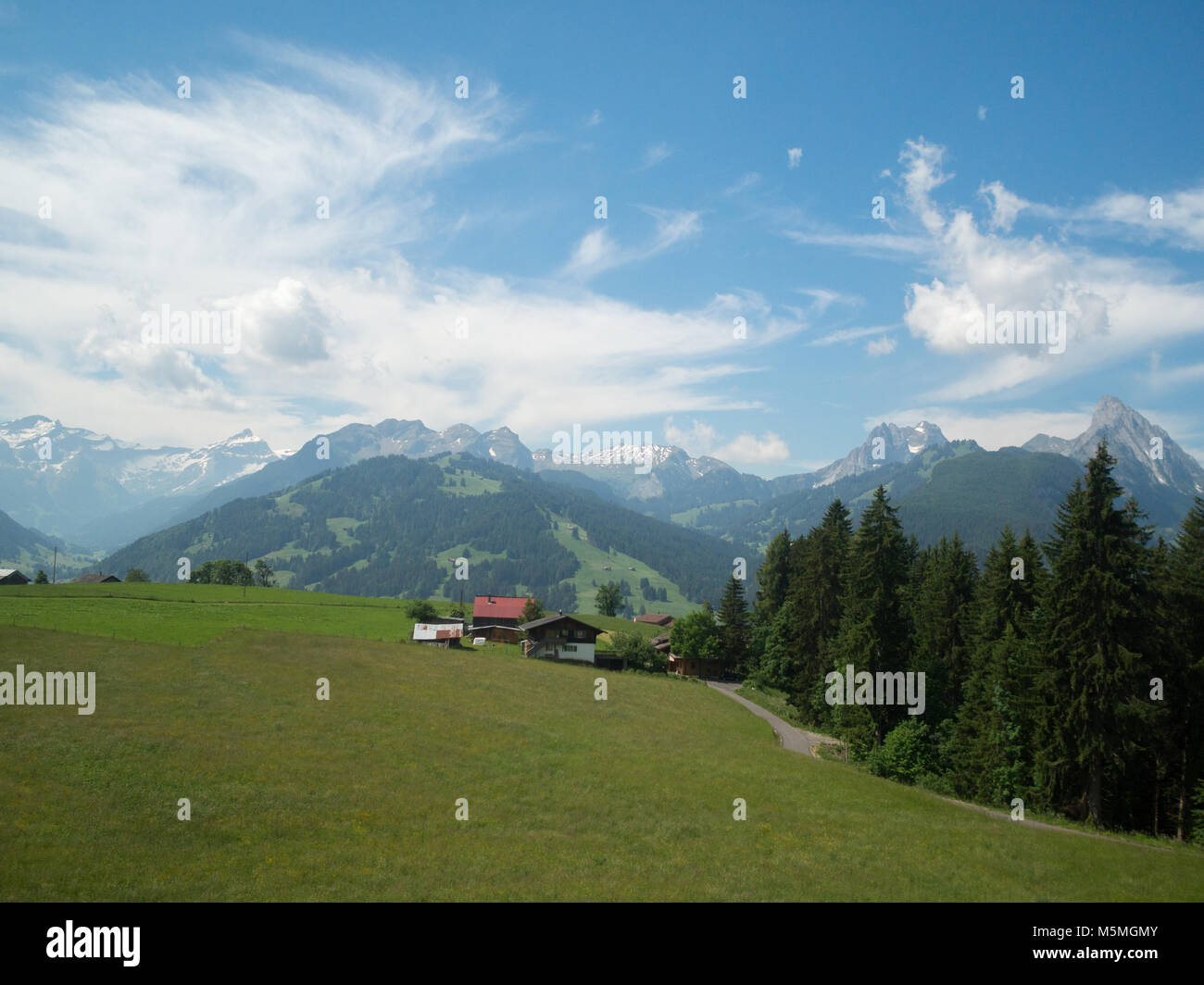 Swiss landscape with green fields, snow covered mountains and small houses Stock Photo