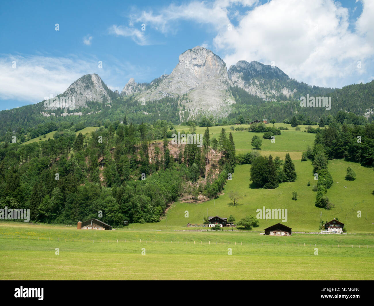 Swiss landscape with green fields and mountain peaks Stock Photo