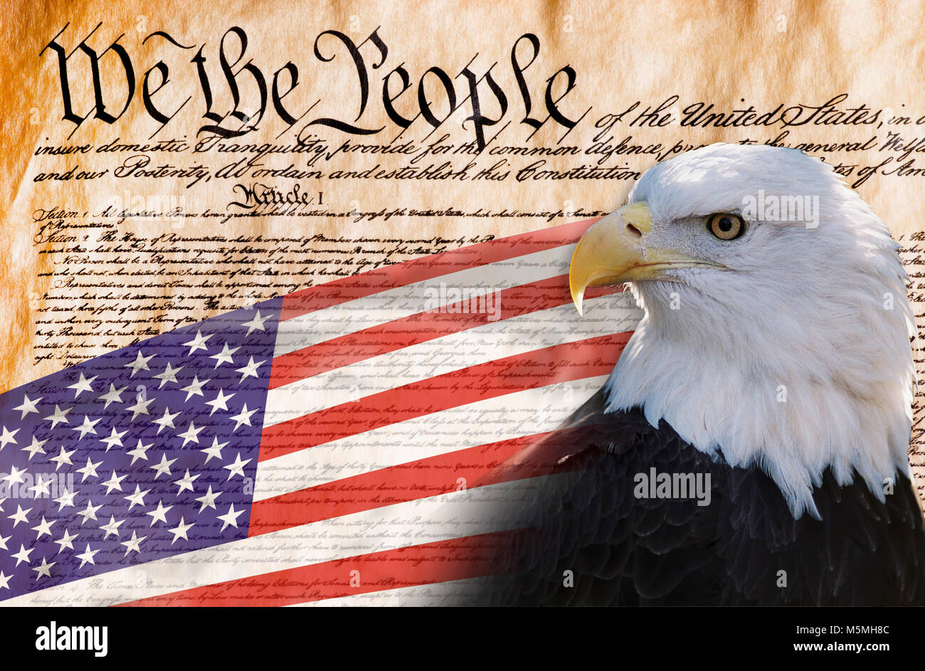 Constitution of America, We the People with bald eagle and American flag. Stock Photo