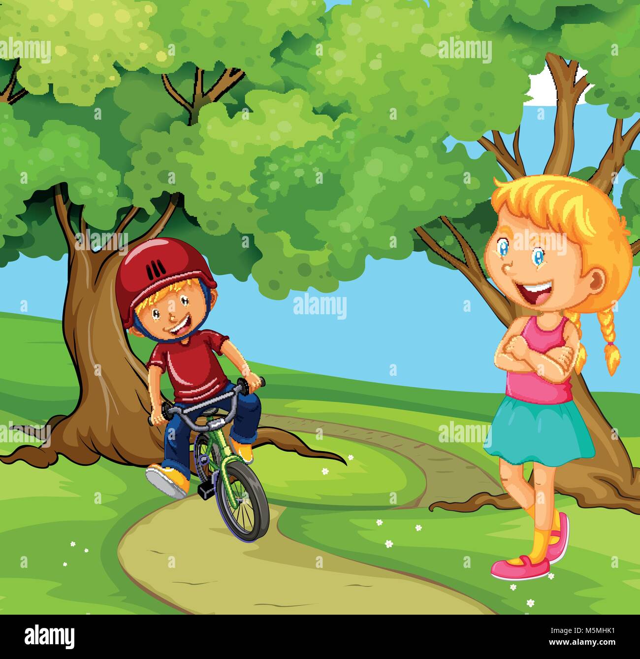 Boy riding bike in the park illustration Stock Vector Image & Art - Alamy