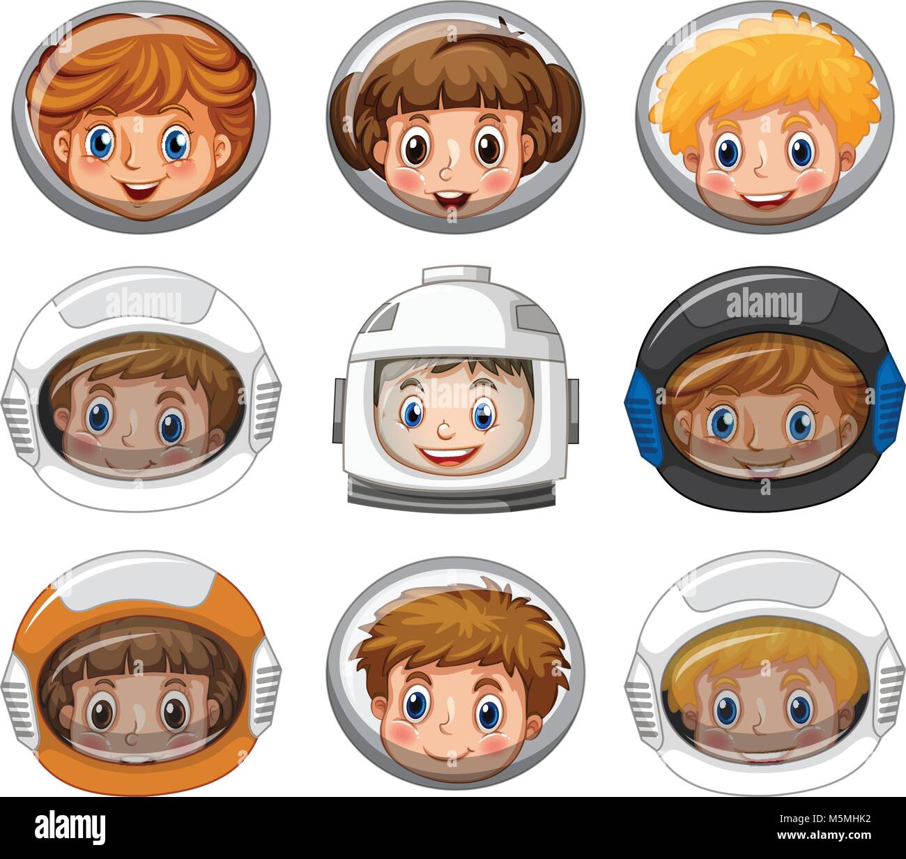 Children wearing astronaut helmets on white background illustration
