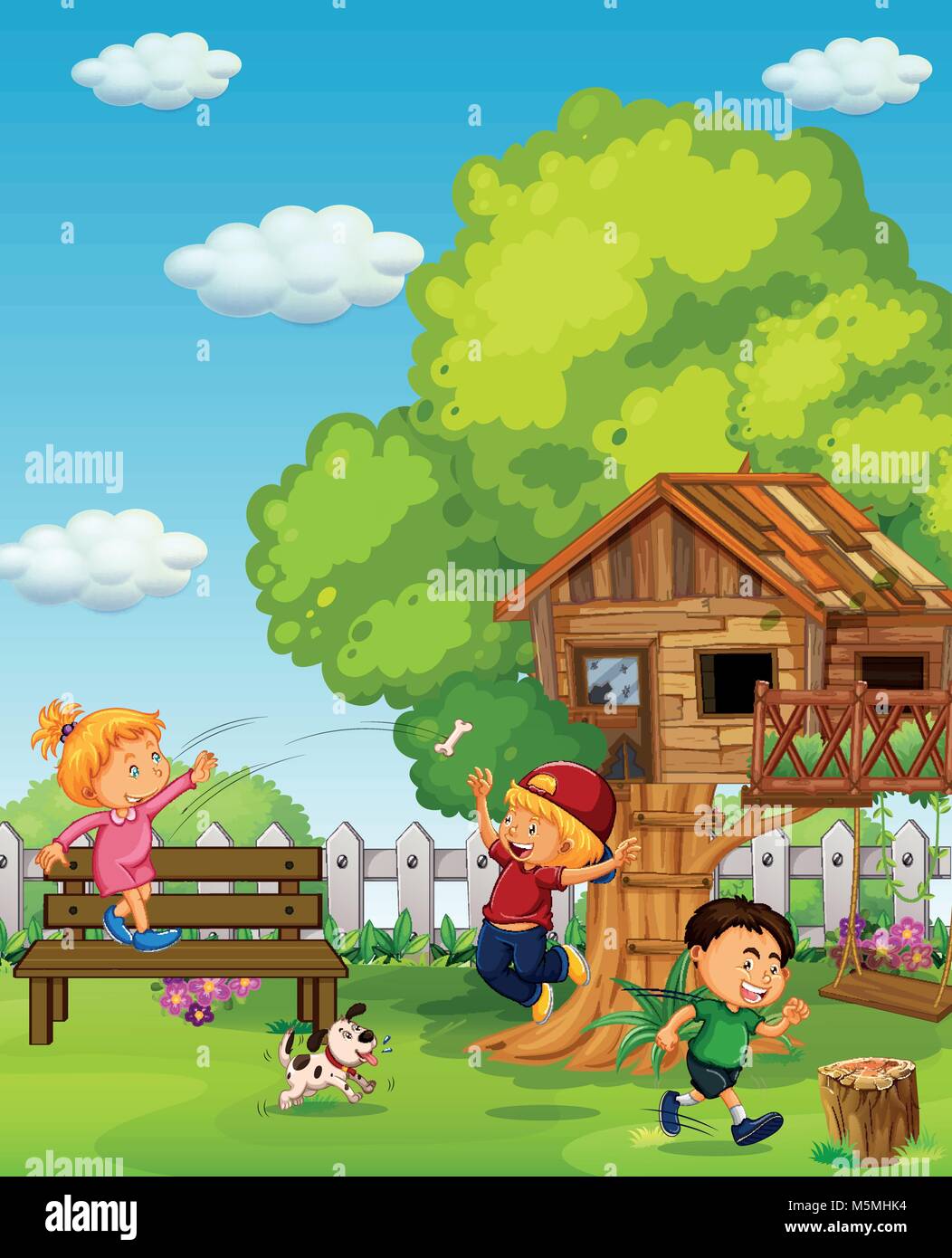 Three kids playing in the park at day time illustration Stock Vector ...