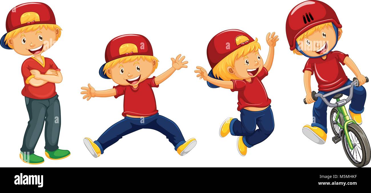 Kids in red shirt in four actions illustration Stock Vector Image & Art